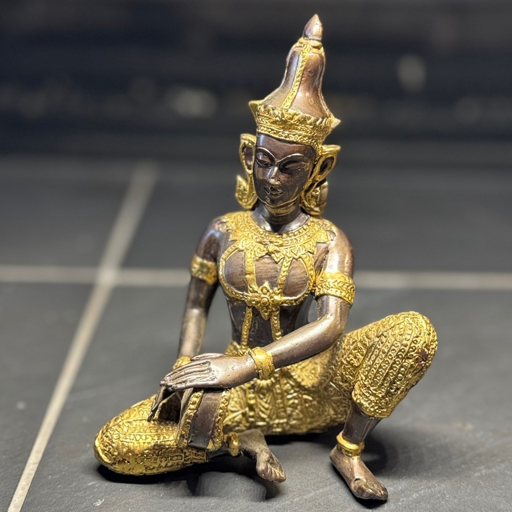 Thai Buddhist Musician Figurine Gold Tone Stone Seated Drummer Statue 5.5 Inch